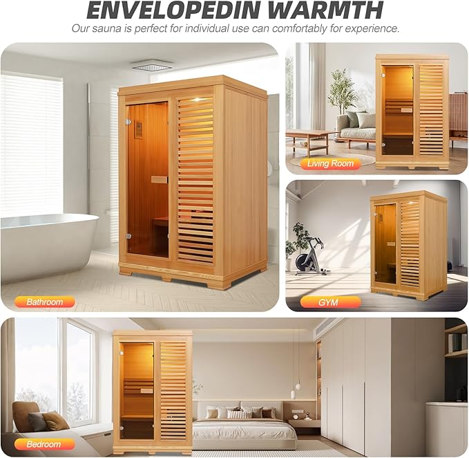Indoor Traditional Steam Sauna 2 Person, Canadian Hemlock Saunas, 4.5KW Harvia Heater, 220V,Fence Design, Better Sealing, Left Door(0-195℉) (with Door Fence)