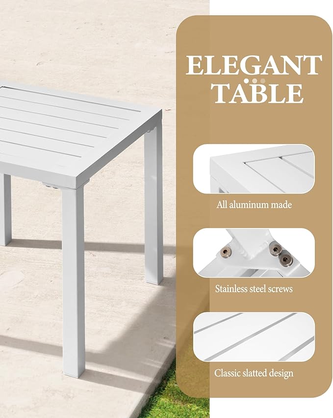 Crestlive Products Aluminum Outdoor Side Table, Pool Lounge Chair Side Table, Weather Resistant Small Square Coffee End Table for Patio, Yard, Garden, Porch, Deck, Indoor, Outdoor (White)