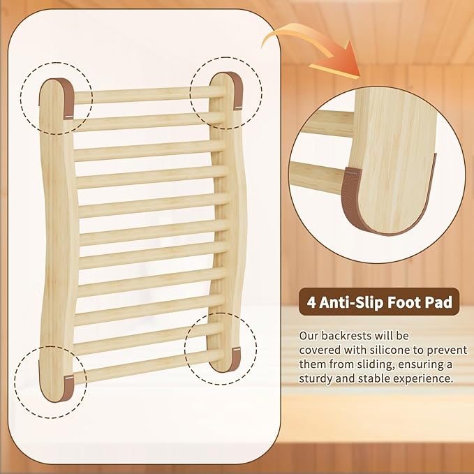 2 Pack Upgraded Sauna Backrest, Sauna Accessories, Sauna Backrest Infrared, Wooden Sauna Backrests Slip-Resistant and Ergonomic S-Shape, Barrel Sauna Backrest for Any Barrel or Infrared Sauna
