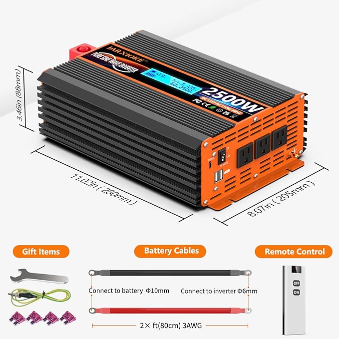 2500 Watt Pure Sine Wave Power Inverter 12V DC to 110V 120V Converter for Family RV Off Grid Solar System Car with Type-C Ports 3 AC Power Outlets Dual USB Ports LCD Display Wireless Remote Control