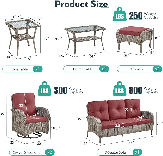 7 Piece Patio Furniture Set - Wicker Patio Conversation Set with Swivel Glider, 3 Seat Sofa, 2 Ottomans, Glass Side Table and Coffee Table for Deck Backyard - Grey Wicker Red Cushion