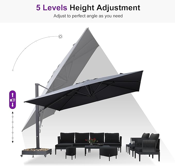 PURPLE LEAF 11' X 15' Rectangle Patio Umbrella Large Outdoor Aluminum Offset Umbrella with 360° Rotation Cantilever Umbrella with Base Included for Garden Deck Backyard Pool Grey