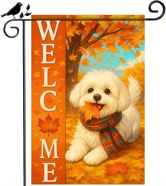 Thanksgiving Fall Garden Flag 12x18 Inch Welcome Bichon Frise Dog Outdoor Flag Double Sided Autumn Puppy Yard Banner with Plaid Scarf and Leaves Decor for Porch Lawn Patio