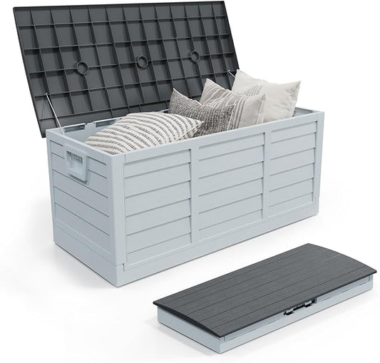 Outvita Foldable 75 Gallon Outdoor Storage Box, Plastic Storage Containers with Lid, Patio Deck Box Furniture for Garden, Pool, Balcony, Yard (Gray Body-Black Lid)