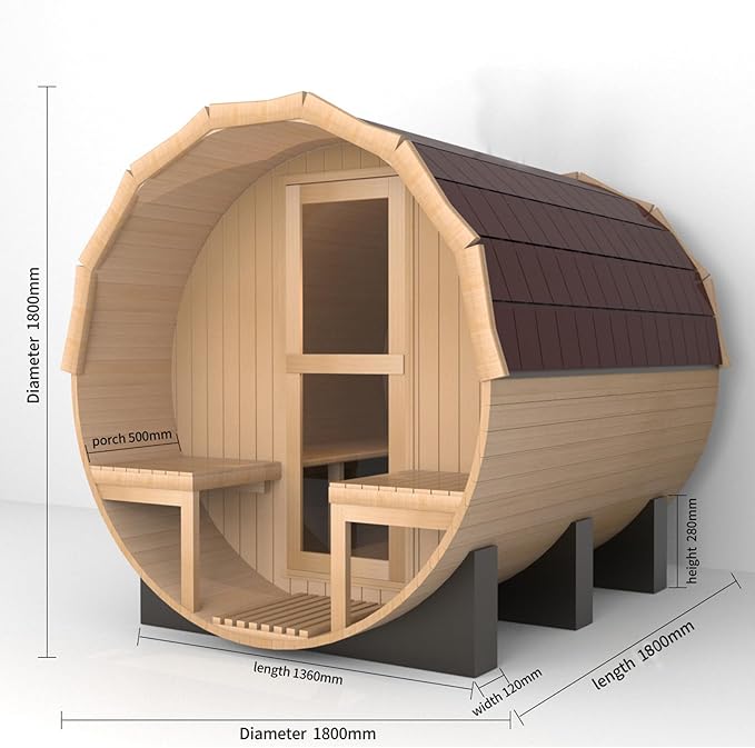 Outdoor Barrel Sauna 4 Person, Canadian Pinewood with Porch, 220V, Half Glass Window, 4.5KW Toule Heater,Waterproof System, Rugged Base(0-195℉)