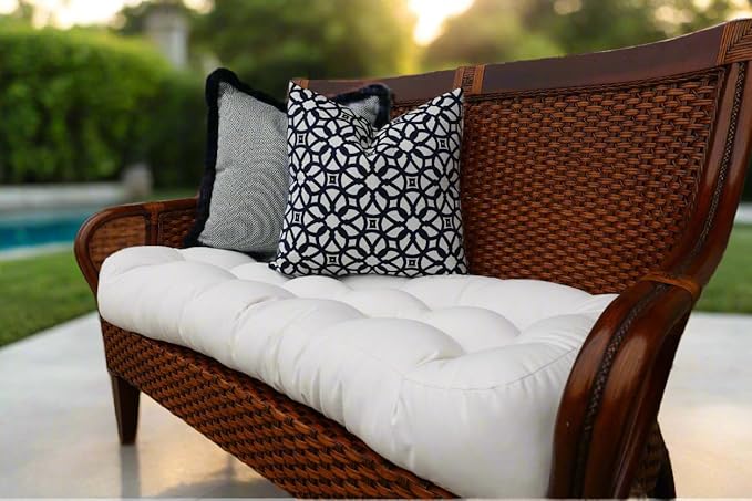 RSH DECOR: Sunbrella Play Tufted Wicker Loveseat Cushion | 41” x 19" | Water and Fade-Resistant Performance Fabric | Outdoor Settee Cushion for Patio Furniture | Play Sky