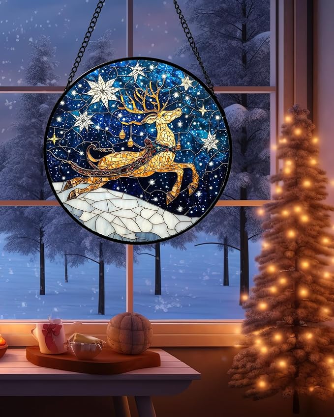 Stained Glass Window Hanging - Reindeer Blue Starry Sky Suncatcher for Doors Home Christmas Decoration Winter Sun Catcher Thanksgiving New Year Birthday Gifts for Women Men Mom Nana 15 in