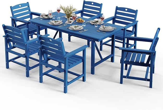 Patio Table and Chairs Set with Umbrella Hole, HDPE Patio Dining Set for 6, Outdoor Dining Set for Lawn, Patio, Porch, Deck, Poolside, Yard (Classic Blue, 7-Piece)