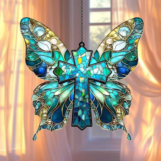 Christian Cross Acrylic Suncatcher Stained Glass Effect Window Car Hanging Christmas Ornament Indoor Outdoor Decor Garden Memorial Sun Catcher for Family Christmas Jesus Gift for Women Mom Grandma