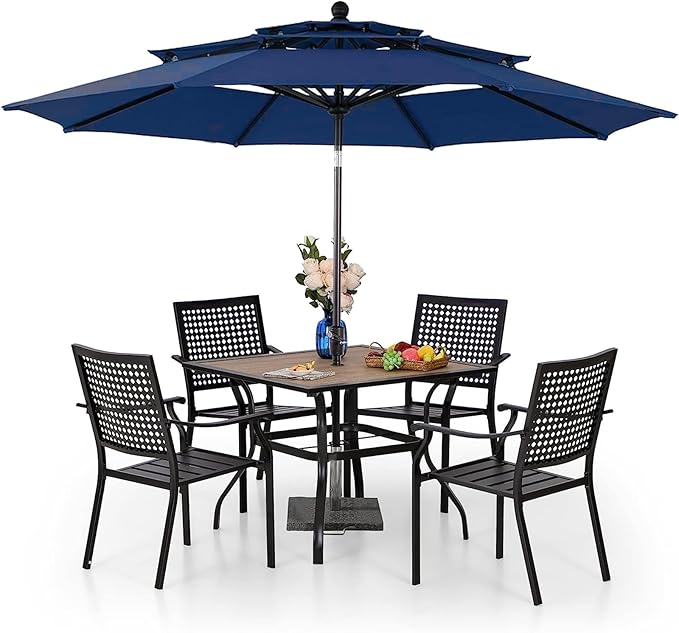 PHI VILLA 5 Pieces Patio Dining Set for 4 with 10ft Patio Umbrella, Metal Outdoor Stackable Wrought Iron Chair Set of 4 & 37" Metal Wood-Like Dining Table,3 Tier Vented Market Table Beige Umbrella
