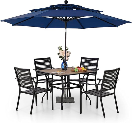 PHI VILLA 5 Pieces Patio Dining Set for 4 with 10ft Patio Umbrella, Metal Outdoor Stackable Wrought Iron Chair Set of 4 & 37" Metal Wood-Like Dining Table,3 Tier Vented Market Table Beige Umbrella
