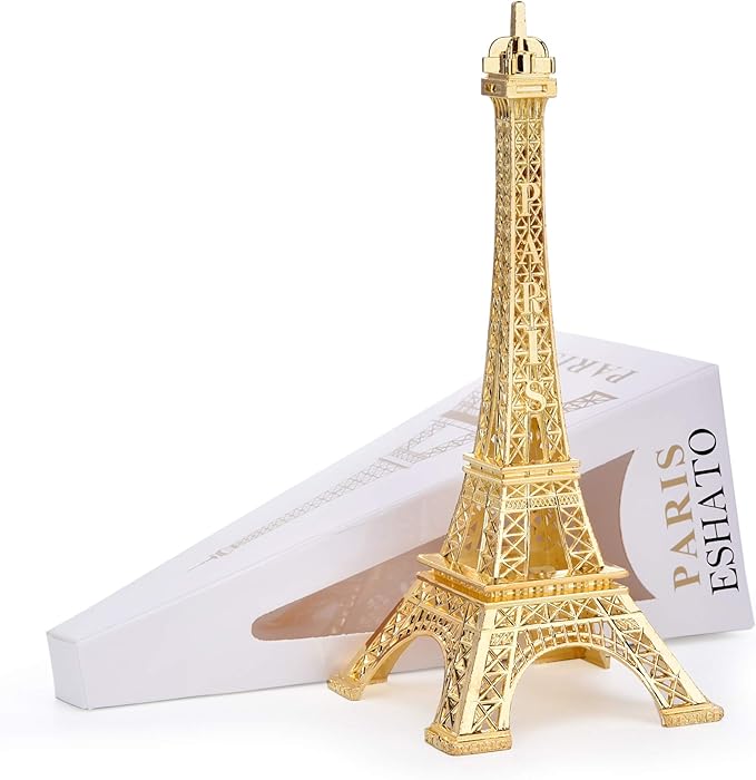 ESHATO Gold Metal Eiffel Tower Statue, 7inch Decorative Figurine Replica Stand Holder for Cake Topper Table Decor Gift Party Home Decoration