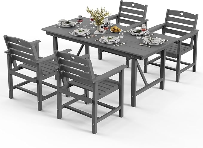 Patio Table and Chairs Set with Umbrella Hole, HDPE Patio Dining Set for 4, Outdoor Dining Set for Lawn, Patio, Porch, Deck, Poolside, Yard (Grey, 5-Piece)