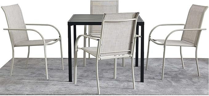 5 Pieces Round Dining Table Set for 4, Patio Dining Set Includes 4 Grey Stackable Patio Chairs and 1 Black Square Table, Patio Furniture Setss with Sling Support for Outside, Garden