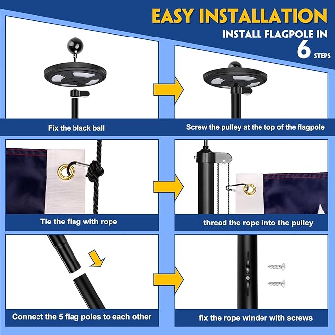 25FT Black Heavy Duty Flag Pole Kit with 3x5 Ft American Flag & Solar Light - 12 Gauge Aluminum Tubing, Resistance High Winds, Hardware Flagpole Set for Residential Commercial Outdoor Ready