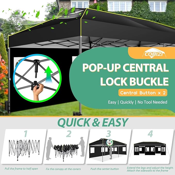 COBIZI 10x20 Pop Up Canopy with 6 Sidewalls One Push Setup Outdoor Event Shelter Waterproof UPF 50+ Gazebo Tent with Carry Bag,Air Vent,Sandbag for Wedding, Commercial, Party,Black