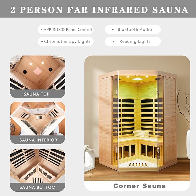 Smart APP Control 2-3 Person Ultra Low EMF (0-5mG) Far Infrared Sauna for Home, 1520W Hemlock Wood Sauna Room with Bluetooth Speaker & Chromotherapy Lights, LCD Touch Panel, Constant Temperature Cover