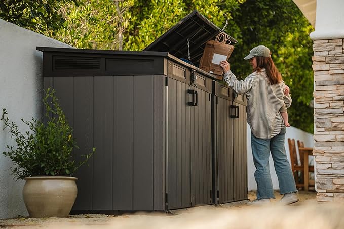 Keter Cortina Mega Ft All-Weather Outdoor Resin Horizontal Storage Shed for Outdoor Yard and Garbage Bin Storage with Lockable Doors, Graphite