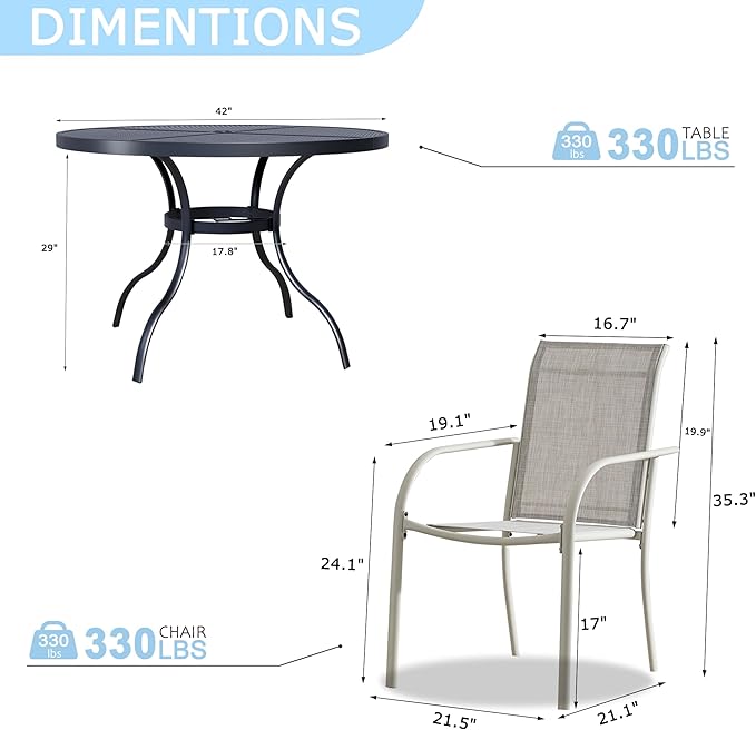 5 Pieces Round Dining Table Set for 4, Patio Dining Set Includes 4 Grey Stackable Patio Chairs and 1 Black Mesh Round Table, Patio Furniture Sets with Sling Support for Outside, Garden