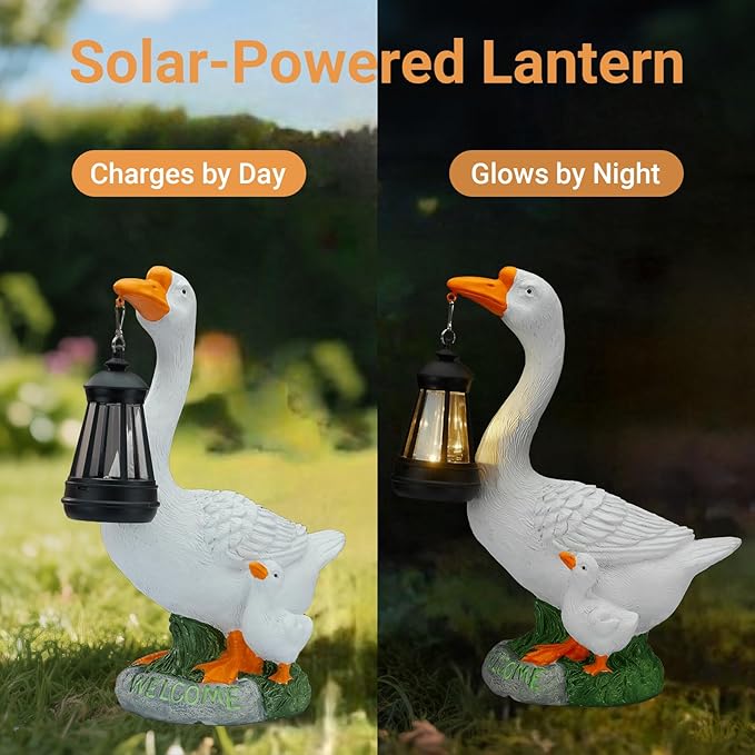 Solar Porch Goose Statue, Outdoor Goose Decor with Lantern for Yard Lawn Patio Balcony, Birthday Christmas Housewarming Gifts for Mom, Grandma, Women,12 Inch,Resin