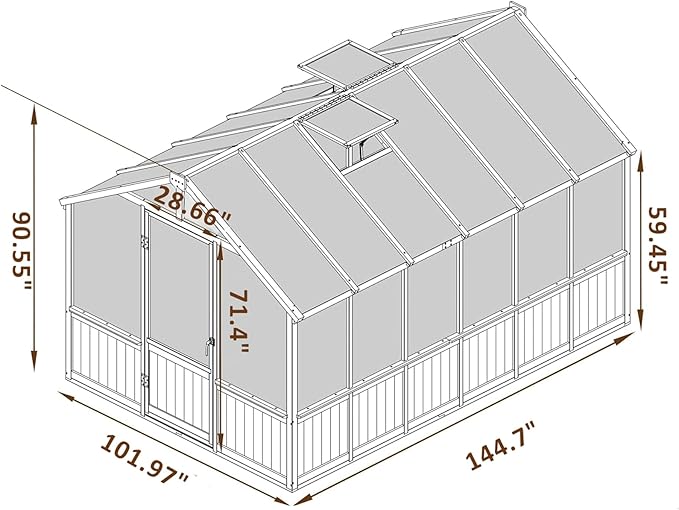Greenhouse for Outdoor, 6x8ft-8x12ft Wooden WAK-in Greenhouse Kitwith 6MM Thick Polycarbonate Panel, Lockable Door & Adjustable Roof Vent ，Backyard Garden ﻿ (Light Mocha Brown, 8*12FT)