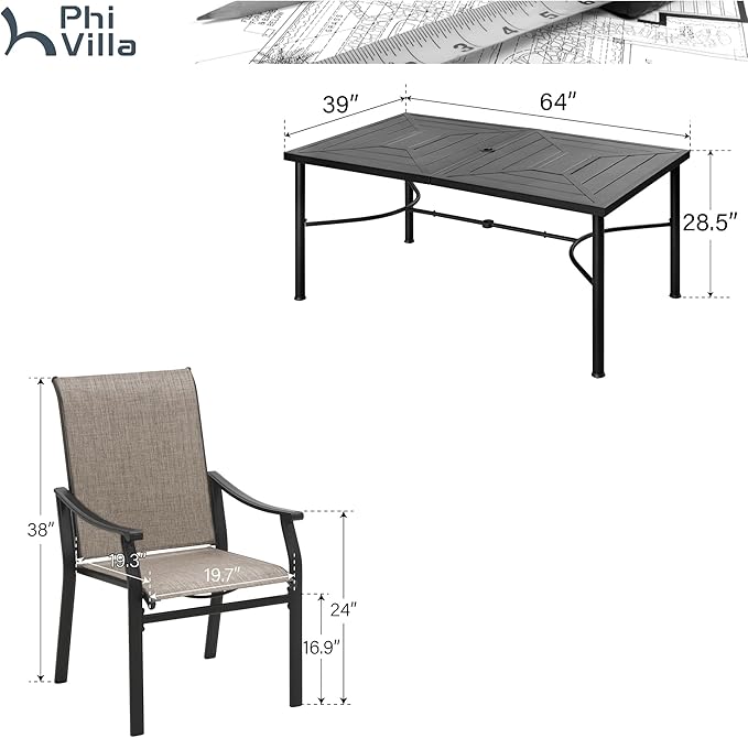 PHI VILLA 7 PCS Outdoor Dining Table and Chairs,Sling Chairs with Textilene Fabric and Large Metal Table with Umbrella Hole,Durable,Sturdy and Rustproof Outdoor Furniture Set for Outside,Garden