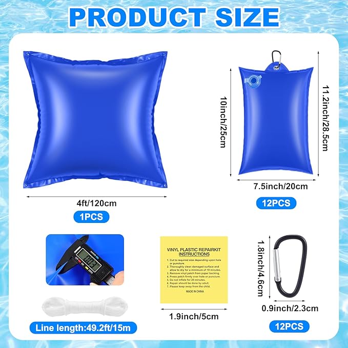 Hungdao 4ft Pool Pillow Cover for Above Ground with 12 Pcs Inflatable Pool Cover Weight with Hook Winter Ice Antifreezing Hanging Bag with Rope and Connection Buckle(Royal Blue,4ft,Square)