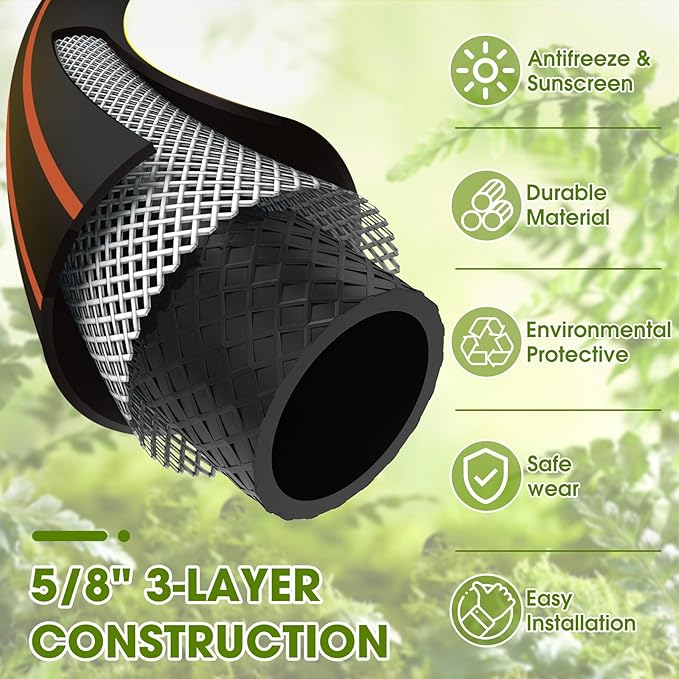 Heavy Duty Garden Hose – 5/8 Inch Flexible, Lightweight Hybrid Hose with 600 PSI Burst Pressure, Swivel Handle, All-Weather Water Hose, Durable Copper Male/Female Fittings (Black, 75FT)