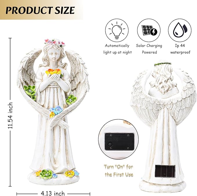 Solar Angel Outdoor Garden Decor Statues - 11.5 inches Angel Figurines Outdoor Sculptures with Succulent, Garden Statues for Outside, Patio, Balcony, Lawn Ornaments or Housewarming Gift