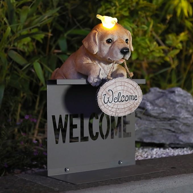 Garden Dog Statues with Solar Bird, Solar Labrador Puppy Statue with Welcome Fence Base Outdoor Sculptures Garden Decorations for Patio, Lawn, Yard, Housewarming Gifts for Mom Women Grandma