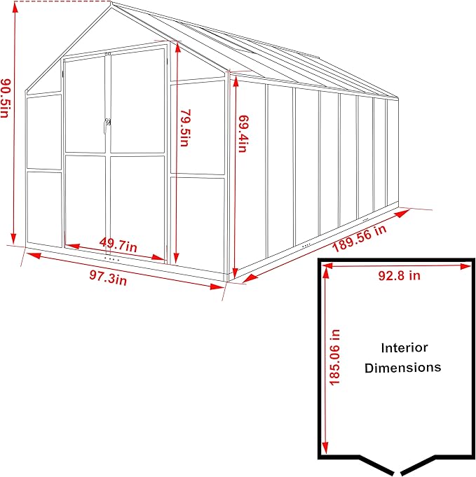 MUPATER 8 x16 FT Outdoor Walk-in Backyard Green House Kit with Sliding Lockable Door for Outdoor, Polycarbonate Greenhouse with Aluminum Frame & Adjustable Roof Vent, Garden, Patio, Lawn, Gray