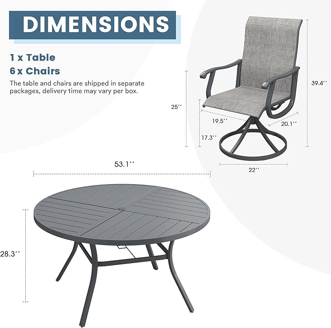 DIFY 7 Pieces Outdoor Patio Dining Set, 6 Grey Textilene Swivel Dining Chairs and 53.1" Grey Round Metal Dining Table, Outdoor Table and Chairs