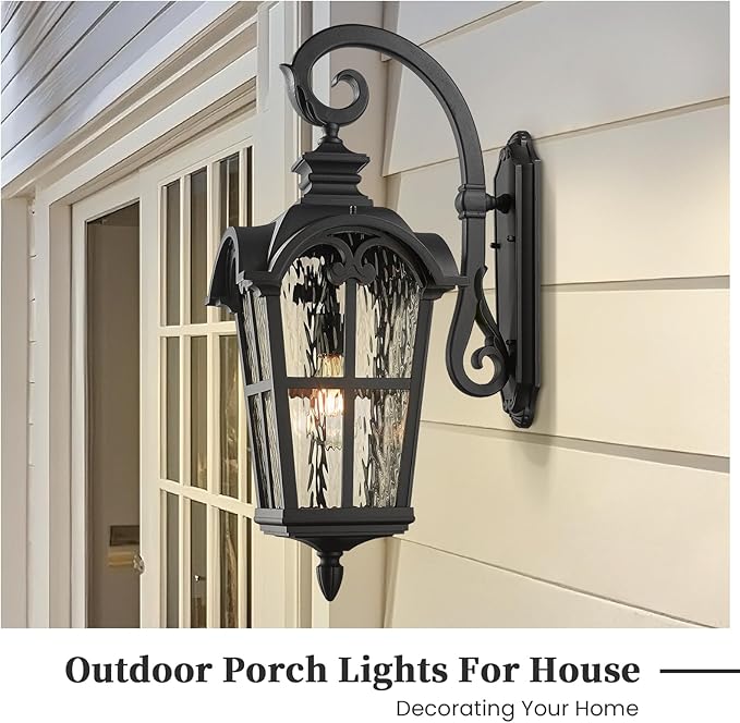 Outdoor Wall Sconce Light Exterior Lighting Fixtures in Black Finish 31 Inch Height Large Size Outdoor Wall Lights with Water Ripple Glass E26 Socket Waterproof