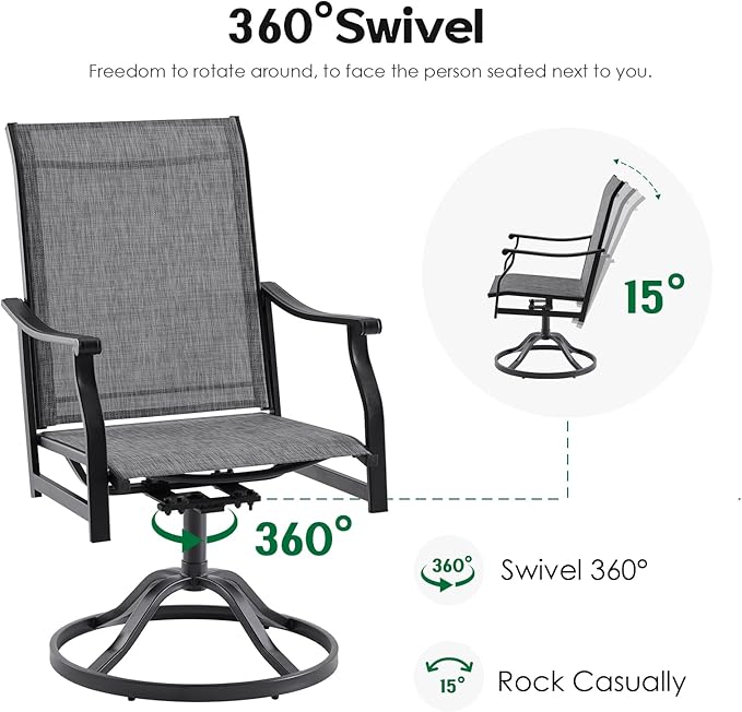 Patio Swivel Chairs Set of 4, Outdoor Dining Chairs with Textilene, Swivel & Rocker Metal Outdoor Patio Dining Chairs All-Weather for Backyard, Grey Fabric with Black Frame