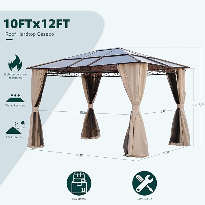 Grand patio 10x12 Gazebo, Hardtop Gazebo, Single Roof Pergolas Metal Aluminum Frame UV 50+ Outdoor Canopy with Mosquito Netting and Curtains, Outdoor Shelter for Garden, Lawn, Backyard