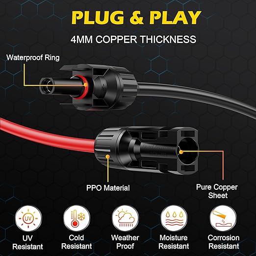 16Ft SolarCable SolarExtension Cable,10AWGSolar Panel ExtensionCable with Female and Male Connectors,Waterproof SolarExtension Cable Kit