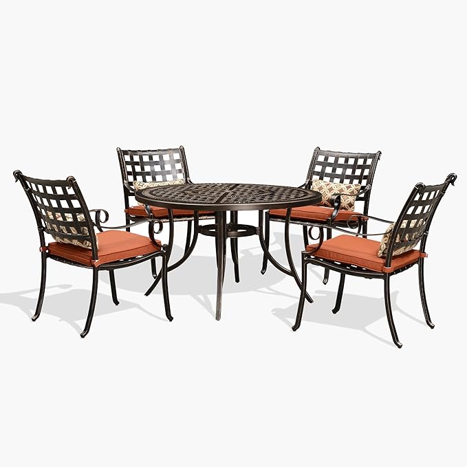 PURPLE LEAF 5 Pieces Patio Dining Set Cast Aluminum with 4 Armchairs and 47" Round Table, Cushion and Pillow Included, for Lawn Yard Garden Outdoor Dining Set, Brick Red