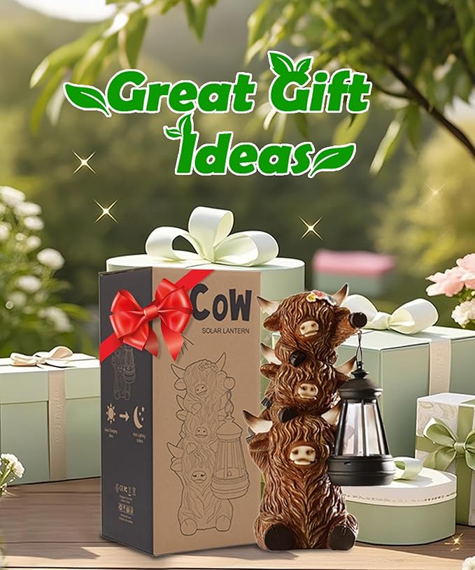 Solar Highland Cow Outdoor Decor:Garden Statue Outside Lantern Ornaments for Yard Lawn Patio Porch- Unique Gifts for Mom Women Grandma(Brown)