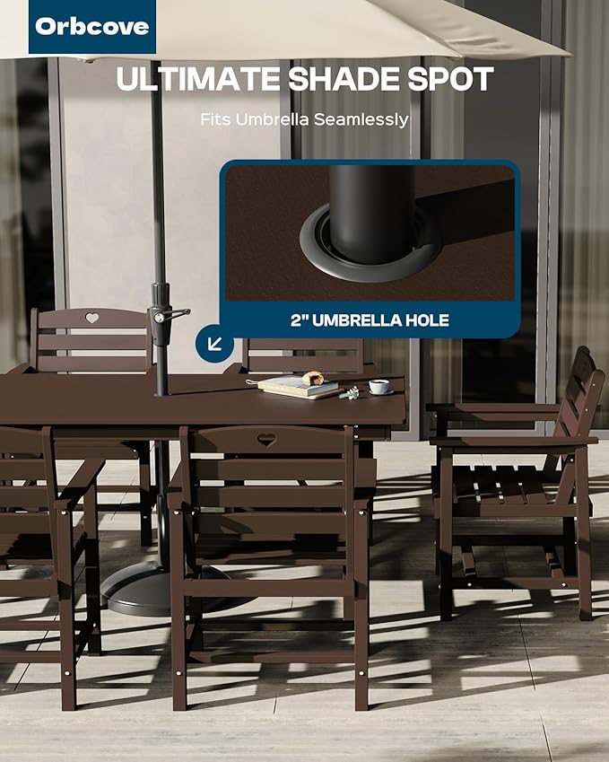 Patio Table and Chairs Set with Umbrella Hole, HDPE Patio Dining Set for 4, Outdoor Dining Set for Lawn, Patio, Porch, Deck, Poolside, Yard (Mahogany, 5-Piece)
