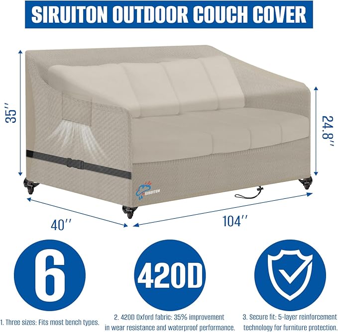 SIRUITON 3-Seat 104" W x 40" D x 35" H Garden Patio Sofa/Loveseat/Bench Cover, Heavy Duty 420D Oxford Waterproof Outdoor Sofa Cover, Lawn Patio Furniture Covers