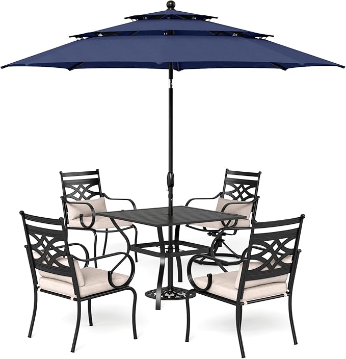 Sophia & William Patio Dining Set with Umbrella 6 Pieces, Outdoor Table and Chairs with 10ft Patio Navy Umbrella(No Base), Weather-Resistant for Garden, Backyard, Lawn, Balcony