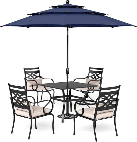 Sophia & William Patio Dining Set with Umbrella 6 Pieces, Outdoor Table and Chairs with 10ft Patio Navy Umbrella(No Base), Weather-Resistant for Garden, Backyard, Lawn, Balcony