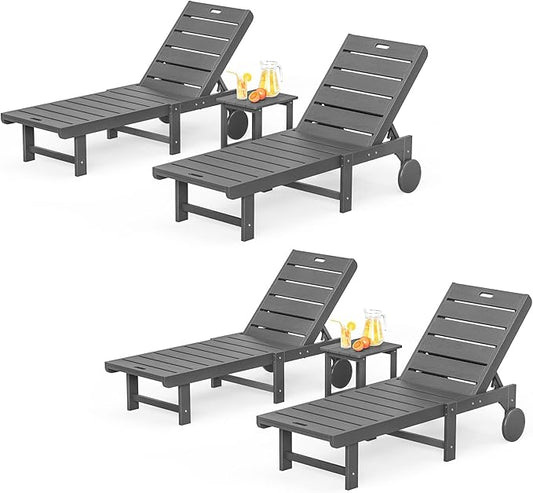 Outdoor Chaise Lounge Chairs with Table, 6-Piece, 26.8” Super Wide Lounge Chair Outdoor, HDPS Pool Chairs with 5 Positions, Patio Lounge Chair with Wheels for Pool,Lawn,Backyard, Dark Gray
