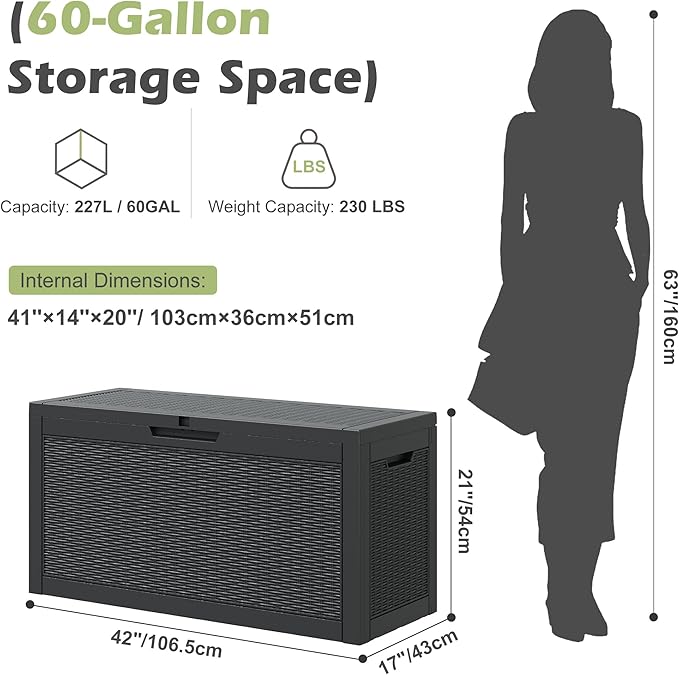 60 Gallon Outdoor Storage Box, Waterproof Resin Deck Box with Lockable Lid – Storage Cabinet for Patio Furniture, Pool Supplies, Garden Tools（Rattan,Black）