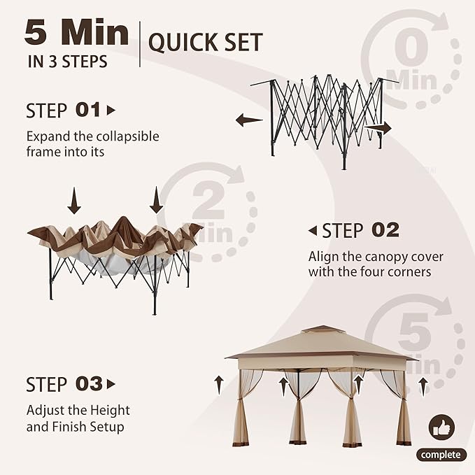 Bezseller 11x11 Pop Up Gazebo Tent with Mosquito Netting – Quick Set Up, Water-Resistant Outdoor Canopy for Patio, Garden, Backyard, and More,Khaki