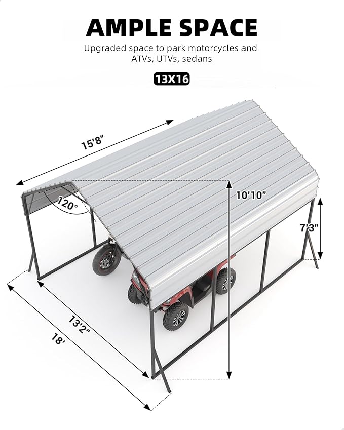 GarveeLife 13 ft x16 ft x11 ft Metal Carport, Steel Heavy Duty Car Ports for All-Weather, for Cars, Motorcycles, ATV, or Boats, N.W. 500 LBS