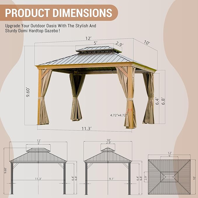 10' x 12' Hardtop Gazebo Outdoor Aluminum Wood Grain Gazebos with Galvanized Steel Double Canopy for Patios Deck Backyard,Curtains&Netting by domi outdoor living