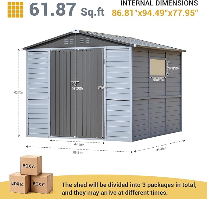 Galvanized Steel Frame & Solid Cedar Wood Wall Shed | 8x8ft Outdoor Storage Shed with Waterproof Roof & Wind Resistance, Lockable Double Doors for Garden, Lawn, Patio Organization
