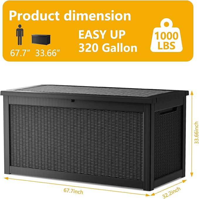 320 Gallon Deck Box, Resin Outdoor Indoor Waterproof Storage Box, Lockable Storage Box With Handle for Patio Furniture - Garden Tools - Swimming Pool Tools UV-Resistant - Black