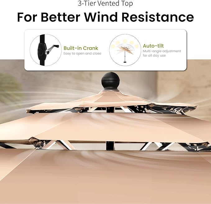 PHI VILLA 5 Pieces Outdoor Dining Set with Umbrella for 4, Round Metal Iron Dining Table & Wicker Chairs with Cushions & Large Beige Umbrella, Morden Dining Furniture for Patio, Deck, Yard, Porch